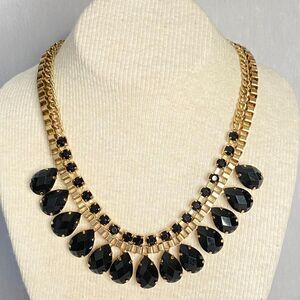 💎Fringe Bib Necklace Gold Tone Box And Curb Links Holding Black Teardrop Stones